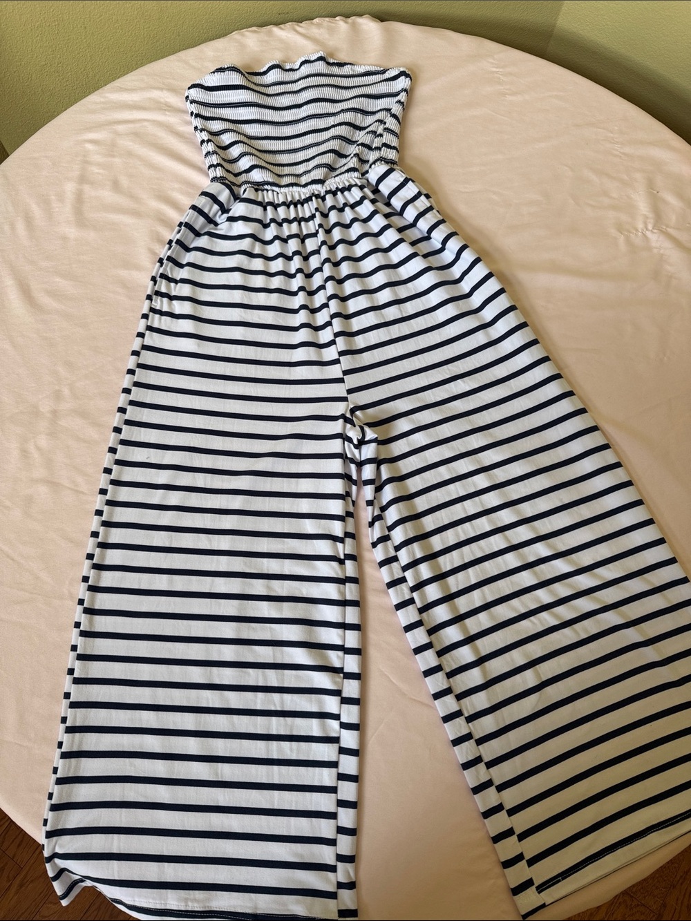Arden B Navy and White Striped Strapless Jumpsuit